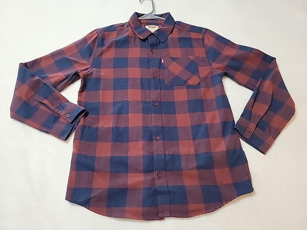 Levis Flannel Shirt Boys Size XL Orange & Blue Check Plaid Button Long Sleeve